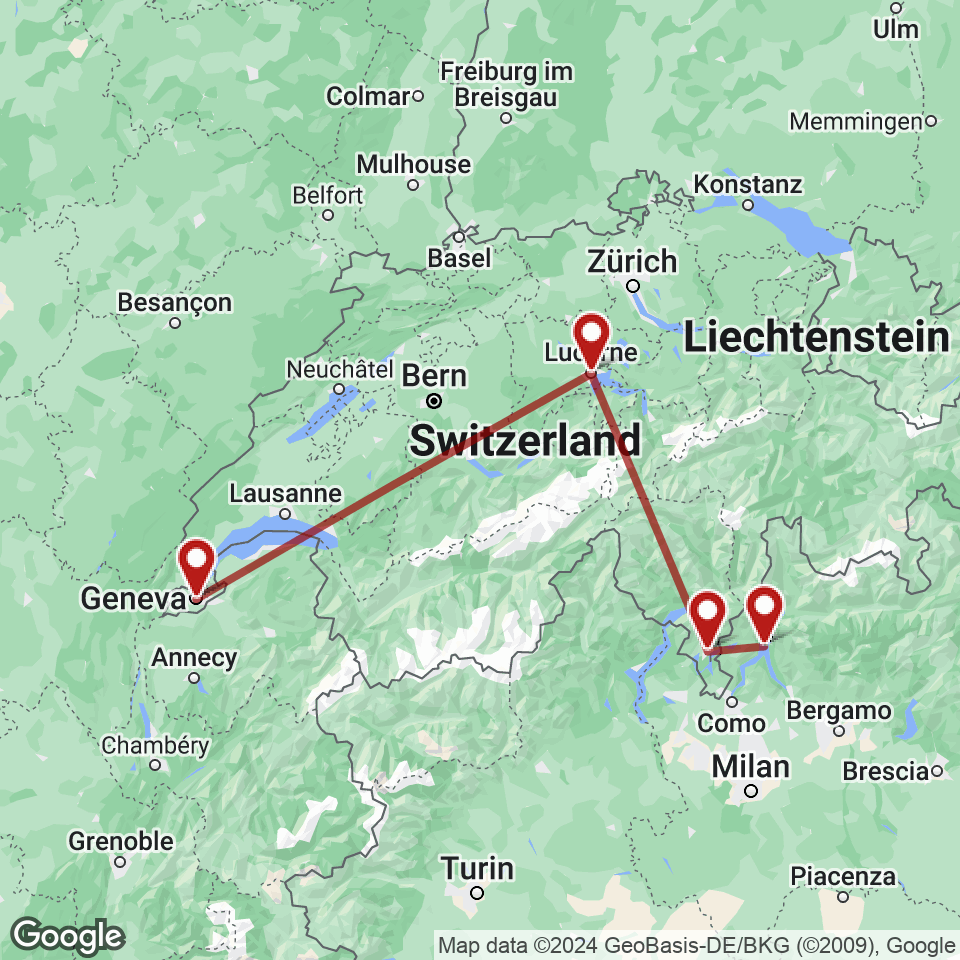 Route for Geneva, Lucerne, Lugano, Lake Como tour